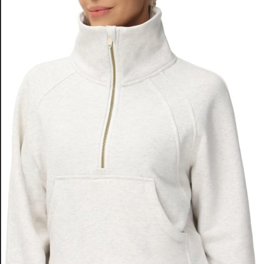 Women's Half Zip Fleece Cropped Sweatshirt Turtleneck White Long Sleeves Medium